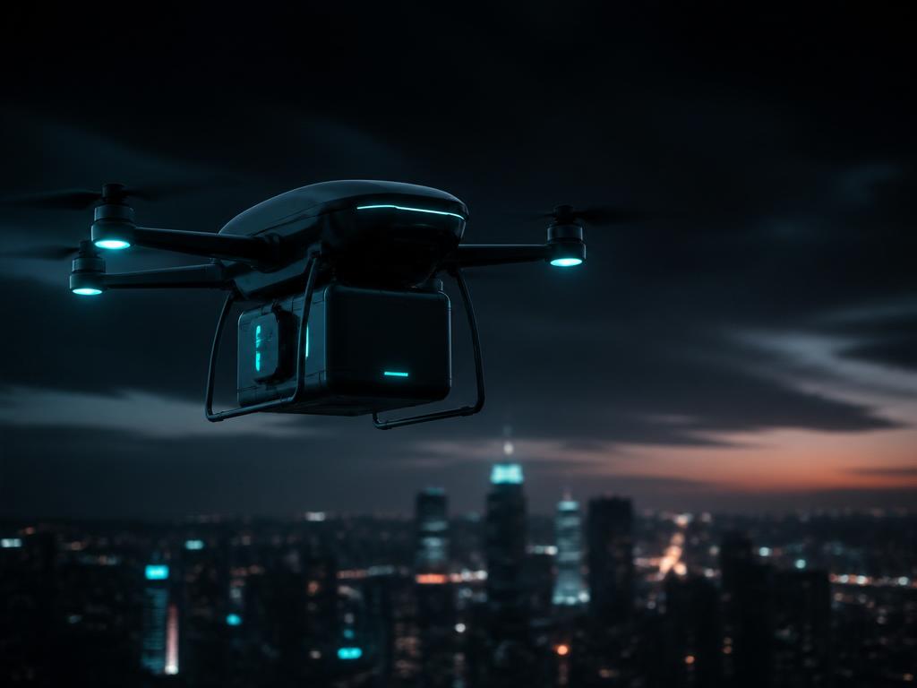 Autonomous drone in flight at dusk