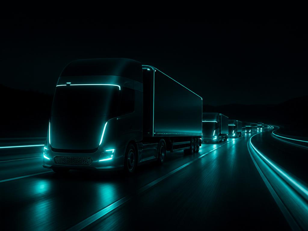 Connected fleet of trucks on a highway at night