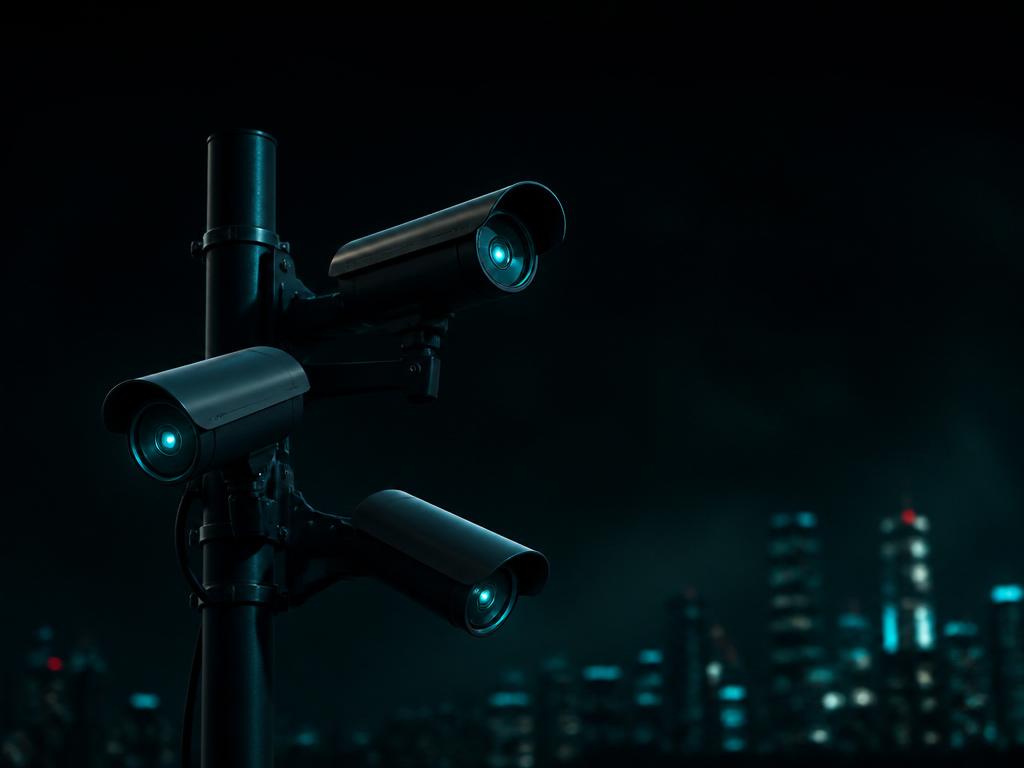 AI-powered surveillance cameras with a city backdrop